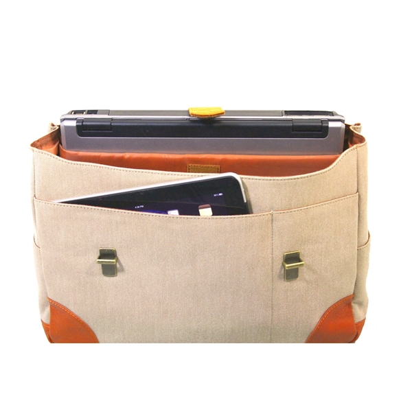 Canvas and luxe leather has sleeve for 15" laptop, zip pocket... from ASI 79384 Preferred Nation Inc / Bellino