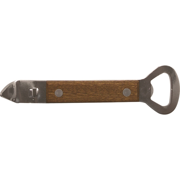 6" bottle/can opener that's made of stainless steel with a wooden... from ASI 50052 ZZ DROPPED -Diversified Quality Kitchenware By Ball Pro