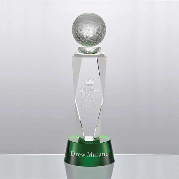 Golf award depicting a sturdy green base and an angled obelisk... from ASI 71920 Moderne Glass Company Inc