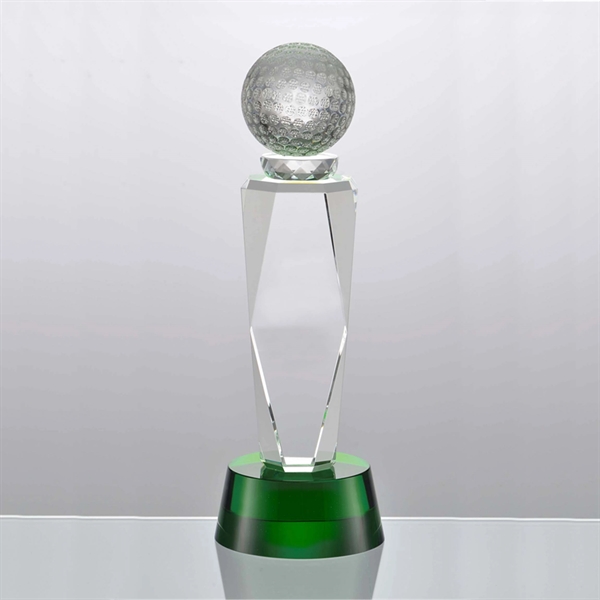 Golf award depicting a sturdy green base and an angled obelisk... from ASI 71920 Moderne Glass Company Inc