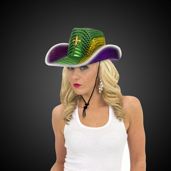 Mardi Gras cowboy hat with sequins.... from ASI 42016 Brighter Promotions Inc / Chemical Light™ Liquid Light