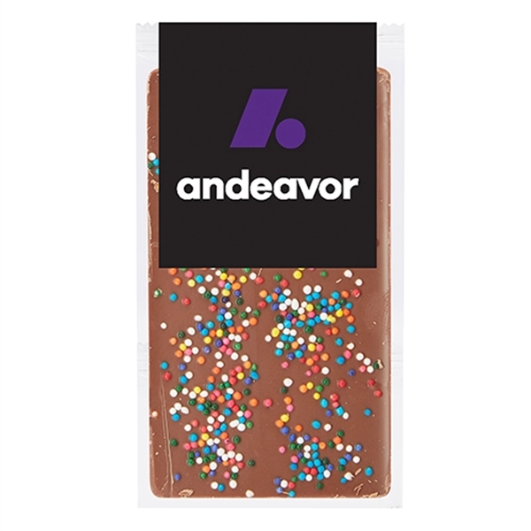 1 oz. Belgian chocolate bar topped with rainbow colored nonpareil sprinkles;... from ASI 71685 Midnite Snax®