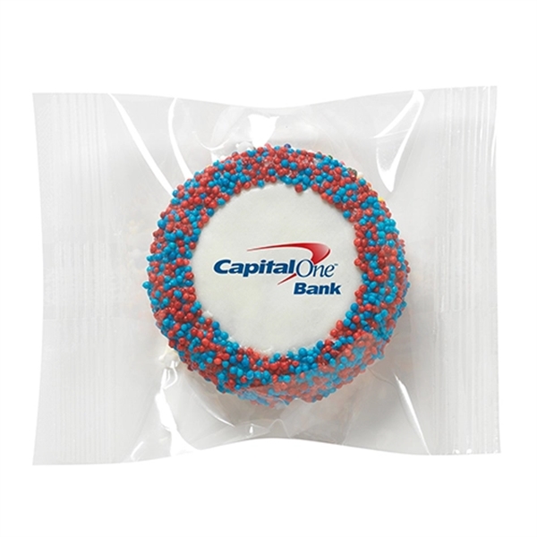 Custom white chocolate covered Oreo® cookie with nonpareil sprinkles, wrapped in... from ASI 71685 Midnite Snax®