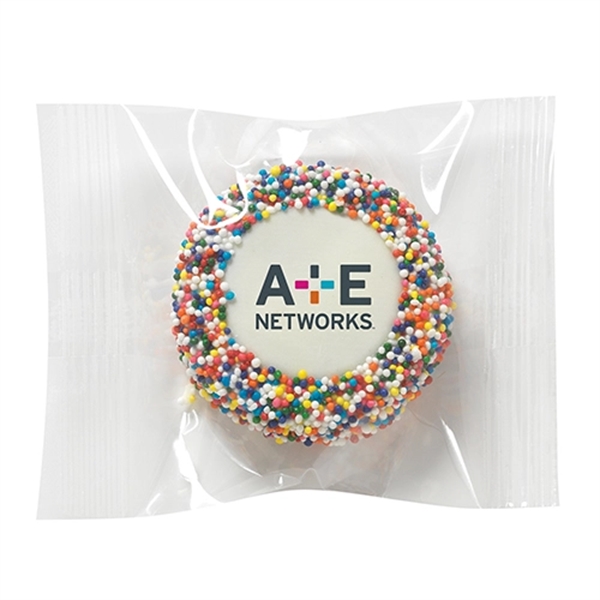 Custom white chocolate covered Oreo® cookie with rainbow nonpareil sprinkles, wrapped... from ASI 71685 Midnite Snax®