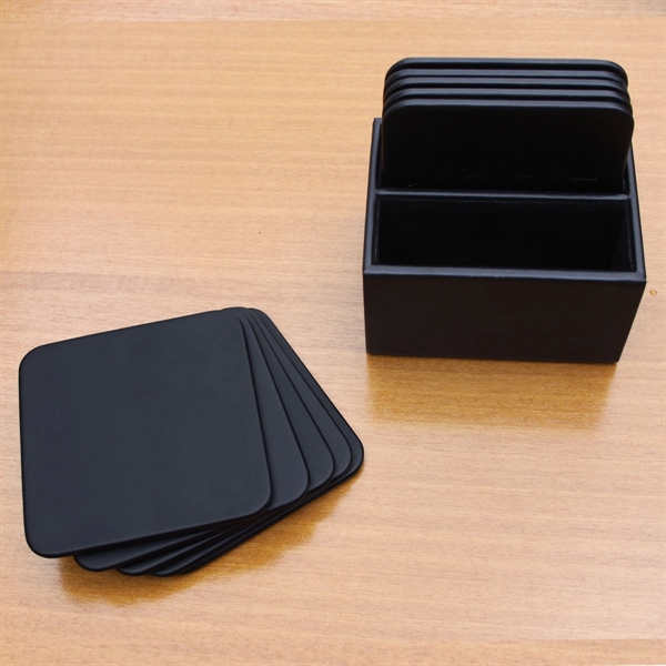 Black leatherette 10 square coasters with a wrapped-edge design and holder.... from ASI 48125 Dacasso / DaCasso