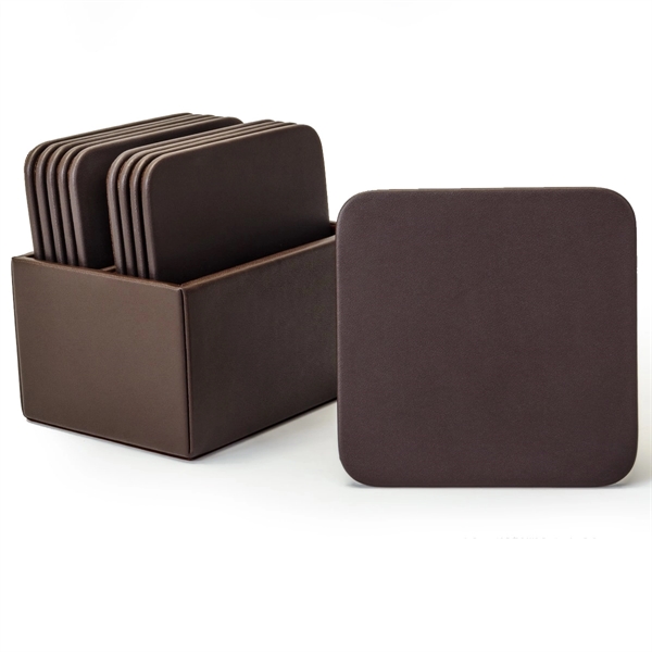 Chocolate brown leatherette 10 square coasters with a holder.... from ASI 48125 Dacasso / DaCasso