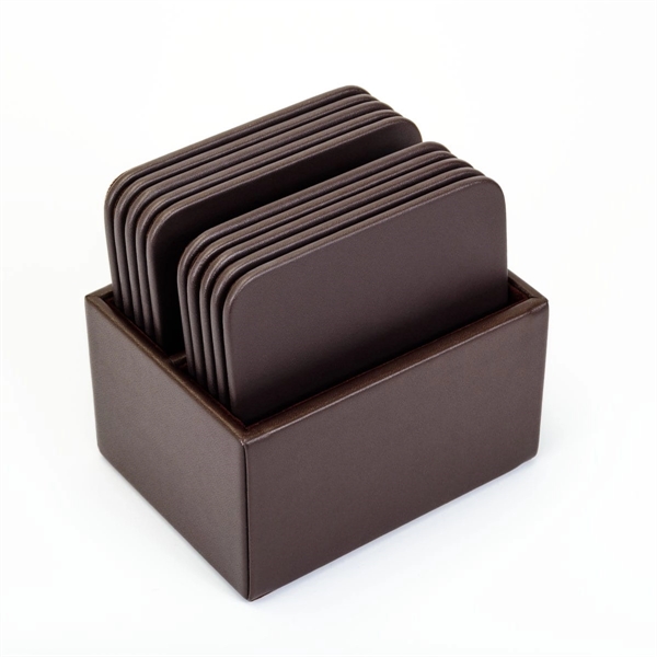 Chocolate brown leatherette 10 square coasters with a holder.... from ASI 48125 Dacasso / DaCasso