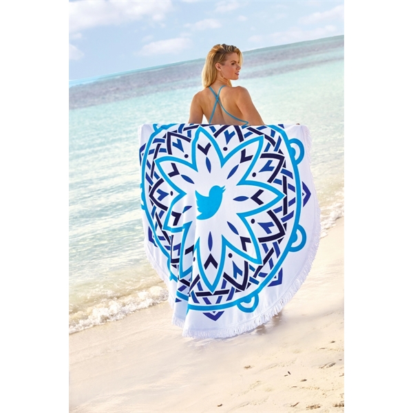 Mandala 360 round beach towel with hand-knotted fringe trim and a... from ASI 91605 Towel Specialties