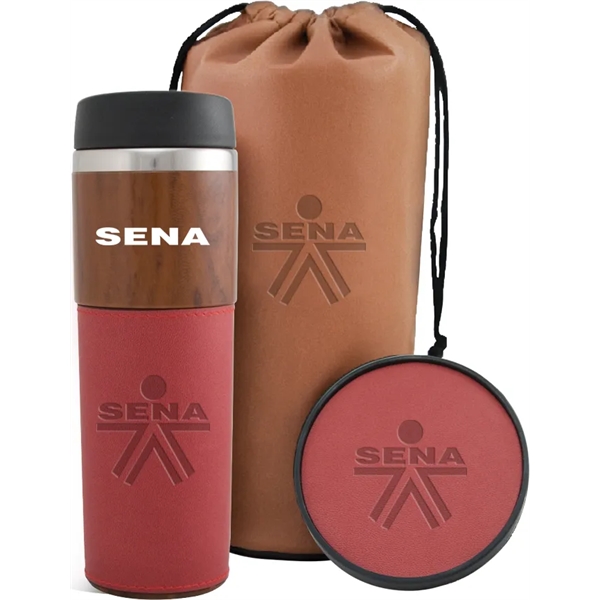 14 oz. polyurethane woodgrain-finished travel tumbler with lid and drink coaster... from ASI 71920 Moderne Glass Company Inc / MB Works Premium Line