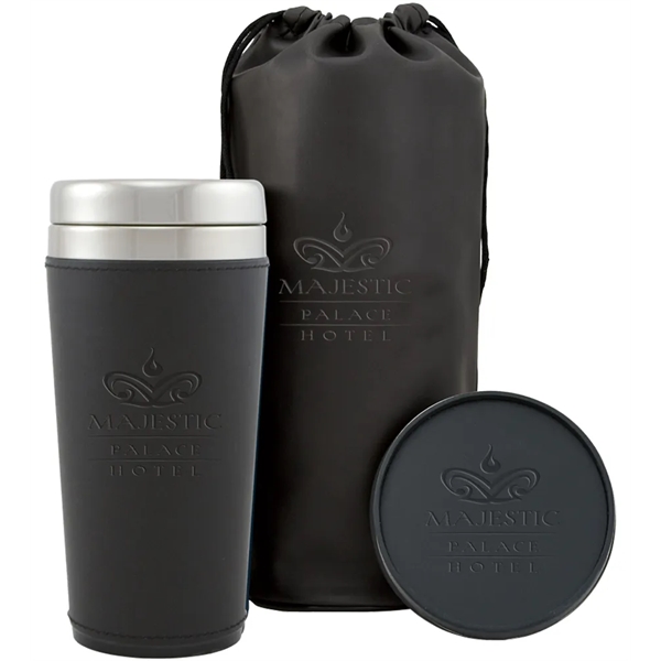 Gift with a 16 oz. travel cup with sleeve, coaster and... from ASI 71920 Moderne Glass Company Inc / MB Works Premium Line