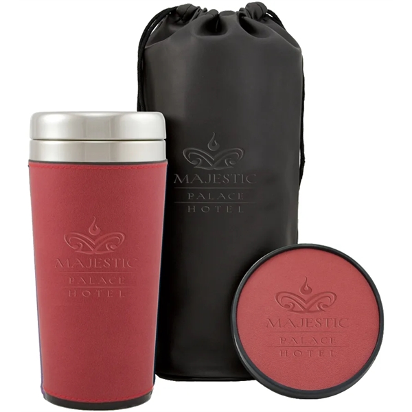 Gift with a 16 oz. travel cup with sleeve, coaster and... from ASI 71920 Moderne Glass Company Inc / MB Works Premium Line
