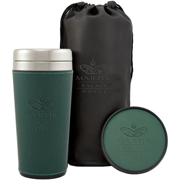 Gift with a 16 oz. travel cup with sleeve, coaster and... from ASI 71920 Moderne Glass Company Inc / MB Works Premium Line