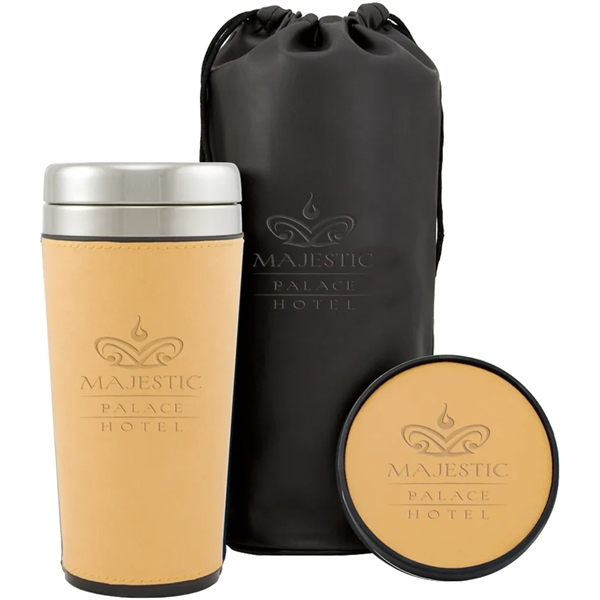 Gift with a 16 oz. travel cup with sleeve, coaster and... from ASI 71920 Moderne Glass Company Inc / MB Works Premium Line