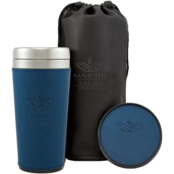 Gift with a 16 oz. travel cup with sleeve, coaster and... from ASI 71920 Moderne Glass Company Inc / MB Works Premium Line