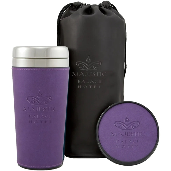 Gift with a 16 oz. travel cup with sleeve, coaster and... from ASI 71920 Moderne Glass Company Inc / MB Works Premium Line