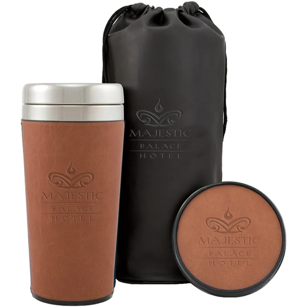 Gift with a 16 oz. travel cup with sleeve, coaster and... from ASI 71920 Moderne Glass Company Inc / MB Works Premium Line