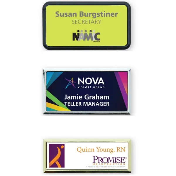 Rectangle framed badges with squared corners, plastic insert and a pinback... from ASI 59080 Halls & Company