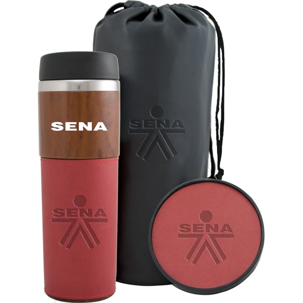 Three-piece woodgrain tumbler gift set includes a bag, coaster and 14... from ASI 71920 Moderne Glass Company Inc / MB Works Premium Line