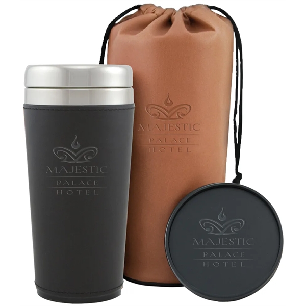 Three-piece gift set includes a debossed bag, coaster and tumbler with... from ASI 71920 Moderne Glass Company Inc / MB Works Premium Line