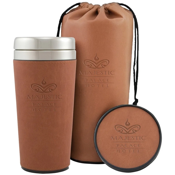 Three-piece gift set includes a debossed bag, coaster and tumbler with... from ASI 71920 Moderne Glass Company Inc / MB Works Premium Line