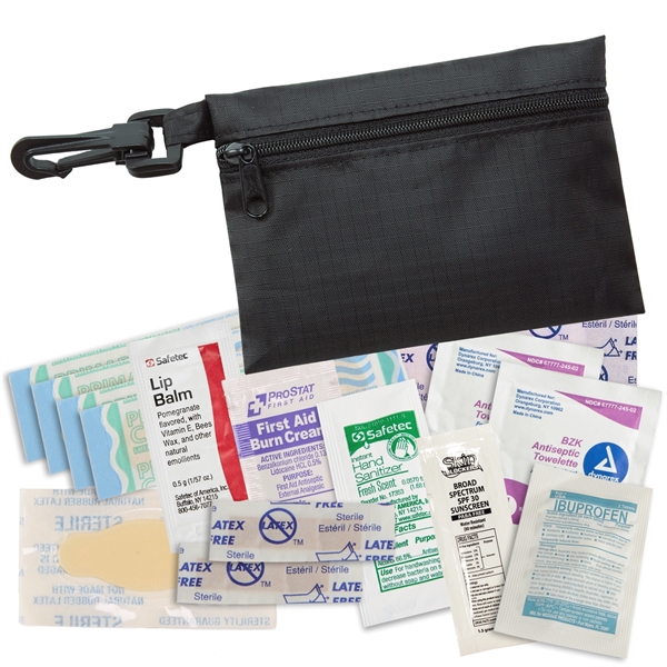 Deluxe mini first aid kit with clip has lip balm, ibuprofen,... from ASI 52840 Evans Manufacturing