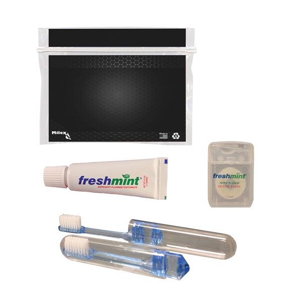Dental kit with a plastic pouch, travel toothbrush, toothpaste tube, and... from ASI 84514 Safety Made