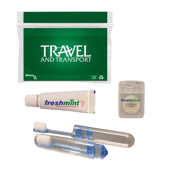 Dental kit with a plastic pouch, travel toothbrush, toothpaste tube, and... from ASI 84514 Safety Made