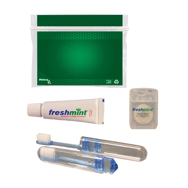 Dental kit with a plastic pouch, travel toothbrush, toothpaste tube, and... from ASI 84514 Safety Made
