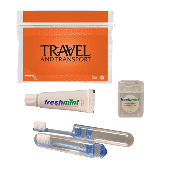 Dental kit with a plastic pouch, travel toothbrush, toothpaste tube, and... from ASI 84514 Safety Made