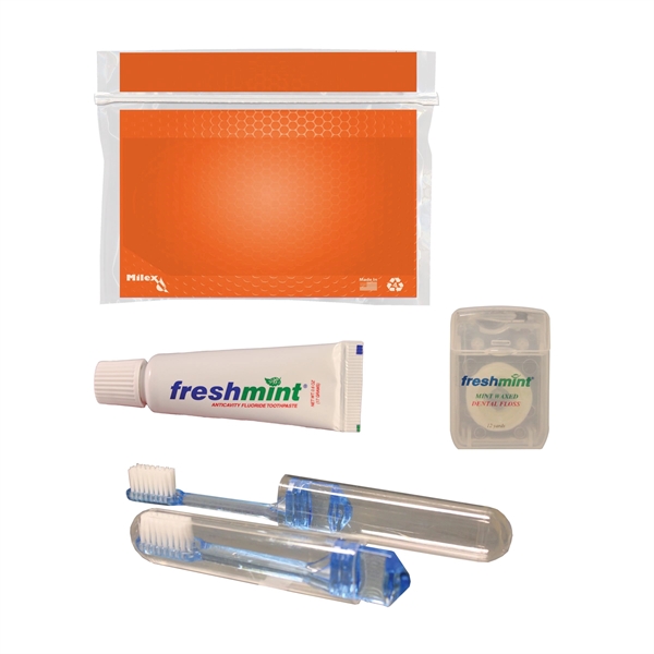 Dental kit with a plastic pouch, travel toothbrush, toothpaste tube, and... from ASI 84514 Safety Made