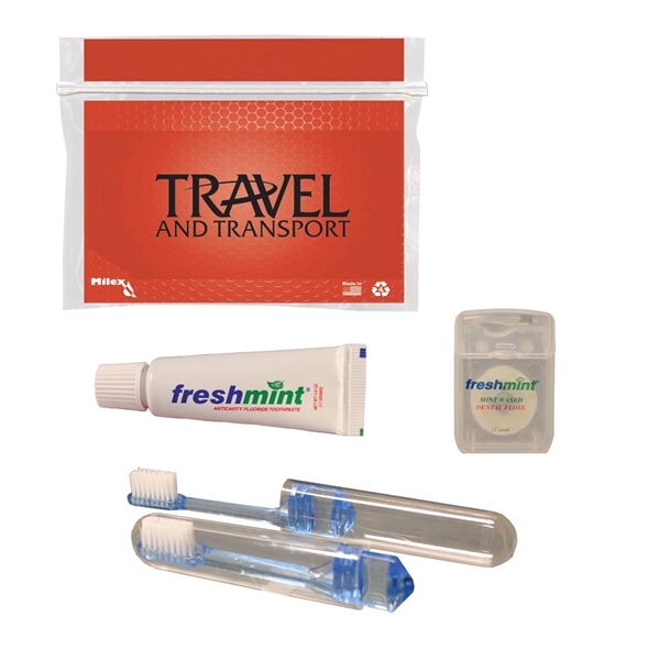 Dental kit with a plastic pouch, travel toothbrush, toothpaste tube, and... from ASI 84514 Safety Made
