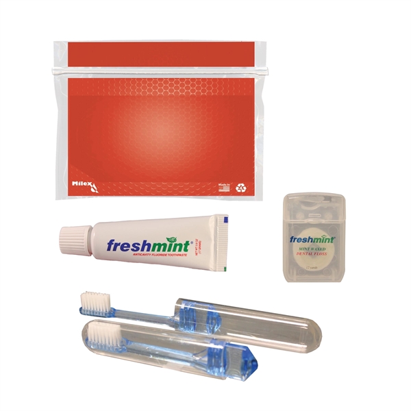 Dental kit with a plastic pouch, travel toothbrush, toothpaste tube, and... from ASI 84514 Safety Made