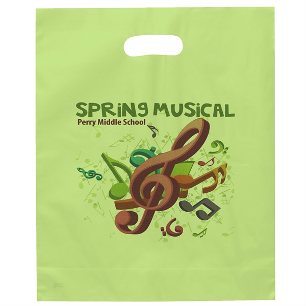 Hi-density 2.5 mil frosted plastic bags with die cut handles.... from ASI 37940 Bag Makers Inc