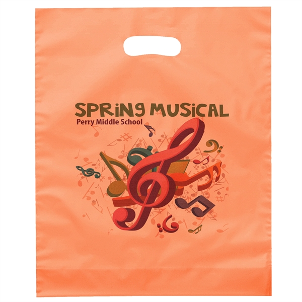 Hi-density 2.5 mil frosted plastic bags with die cut handles.... from ASI 37940 Bag Makers Inc