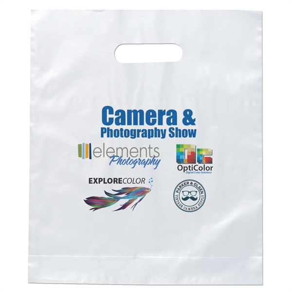 Frosted Brite Die Cut Handle Plastic Bag... from ASI 37940 Bag Makers Inc