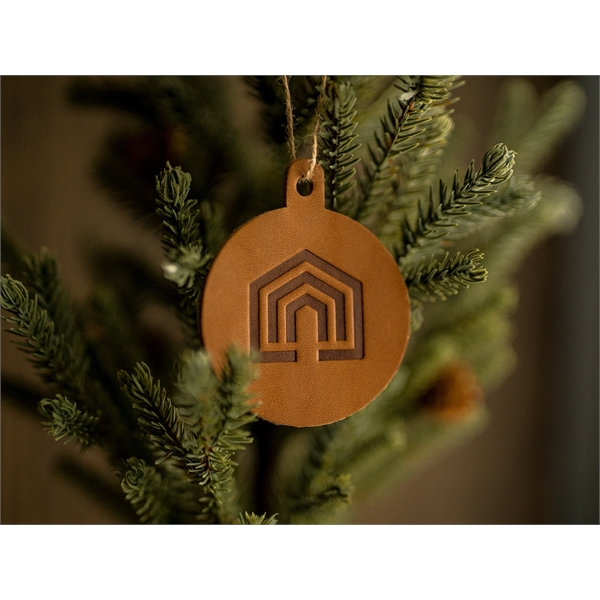 Die-cut leather holiday ornaments with a twine tie hanger... from ASI 75126 Oowee Products