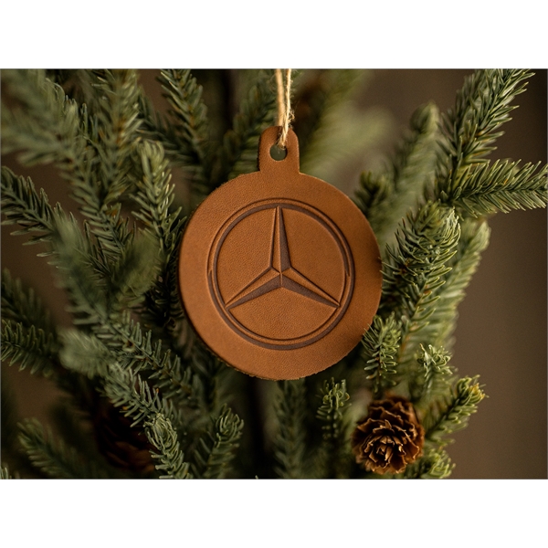 Die-cut leather holiday ornaments with a twine tie hanger... from ASI 75126 Oowee Products