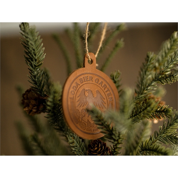 Die-cut leather holiday ornaments with a twine tie hanger... from ASI 75126 Oowee Products