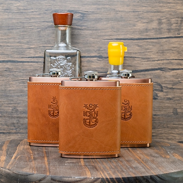 Leather Wrapped Flask Box Set. Includes a copper plated 8-oz flask... from ASI 75126 Oowee Products
