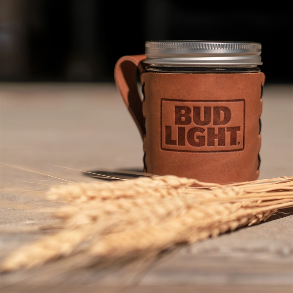 100% Genuine Leather "Wide Mouth" Mason Jar Sleeve with handle fits... from ASI 75126 Oowee Products