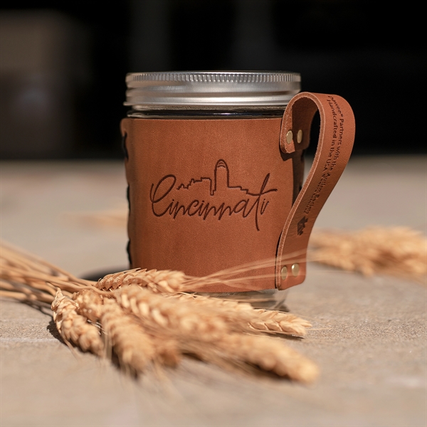 100% Genuine Leather "Wide Mouth" Mason Jar Sleeve with handle fits... from ASI 75126 Oowee Products