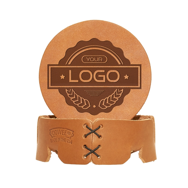 Full-Grain leather Round Coaster Set with 4 Coasters, Holder and box... from ASI 75126 Oowee Products / OOWEE PRODUCTS