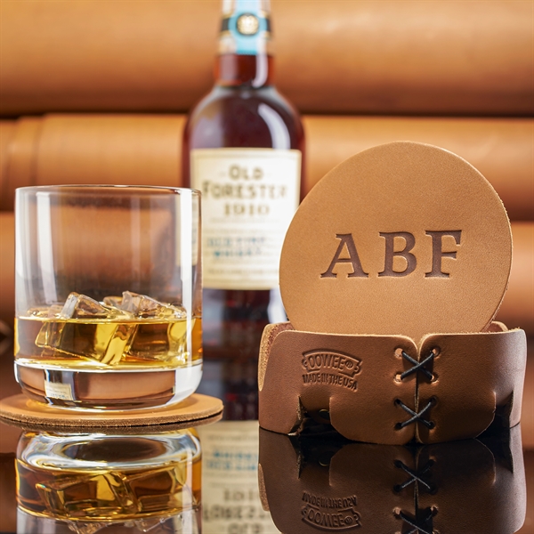Full-Grain leather Round Coaster Set with 4 Coasters, Holder and box... from ASI 75126 Oowee Products / OOWEE PRODUCTS