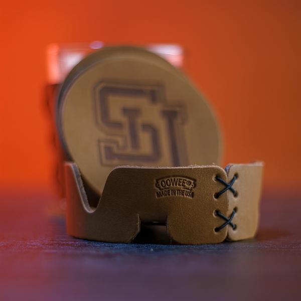 Full-Grain leather Round Coaster Set with 4 Coasters, Holder and box... from ASI 75126 Oowee Products / OOWEE PRODUCTS