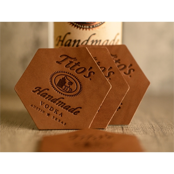 Custom Hexagon 100% Leather Coasters. 3.75" x 3.25" with a 3"... from ASI 75126 Oowee Products / OOWEE PRODUCTS