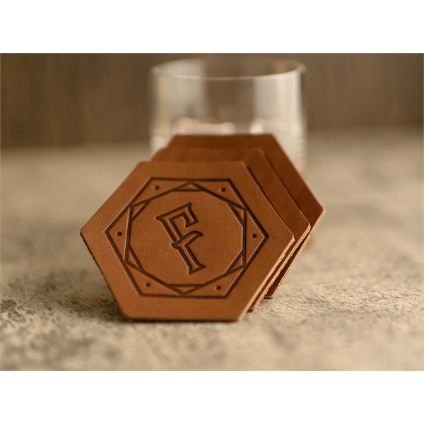 Custom Hexagon 100% Leather Coasters. 3.75" x 3.25" with a 3"... from ASI 75126 Oowee Products / OOWEE PRODUCTS
