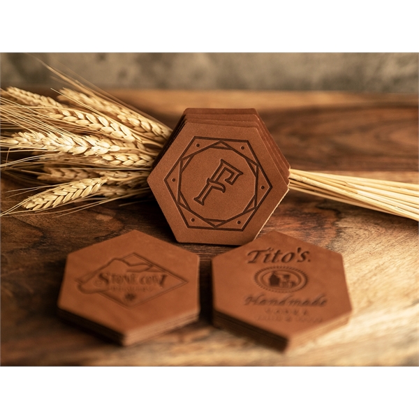 Custom Hexagon 100% Leather Coasters. 3.75" x 3.25" with a 3"... from ASI 75126 Oowee Products / OOWEE PRODUCTS