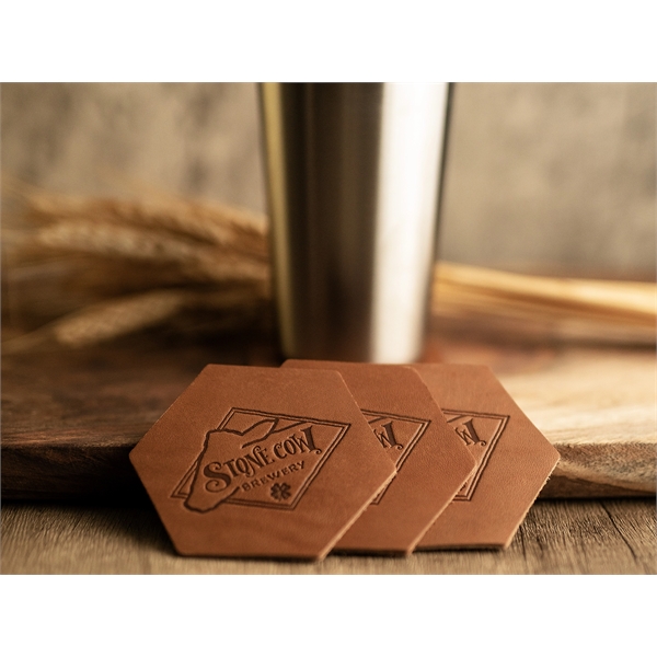 Custom Hexagon 100% Leather Coasters. 3.75" x 3.25" with a 3"... from ASI 75126 Oowee Products / OOWEE PRODUCTS