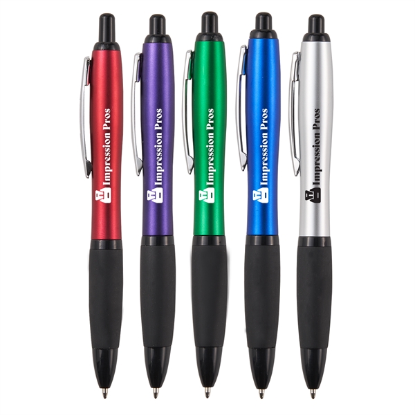 Retractable ballpoint pen with black soft rubber grip, metallic-colored barrel and... from ASI 52840 Evans Manufacturing