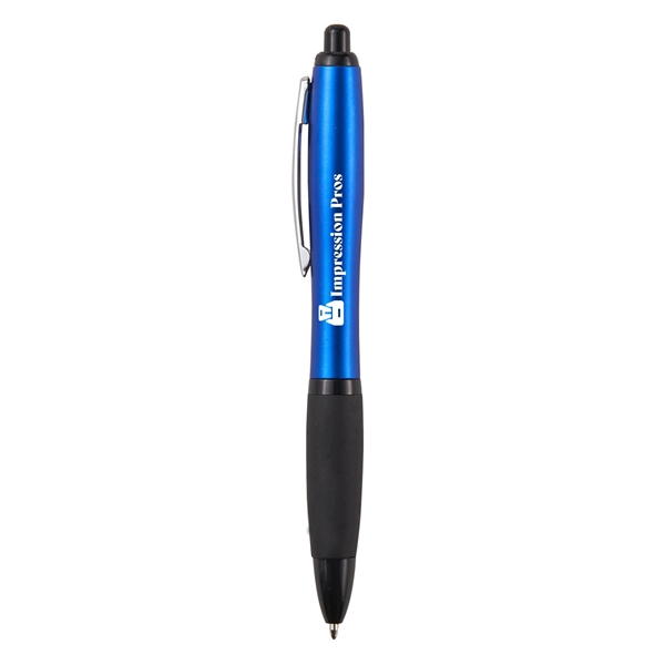 Retractable ballpoint pen with black soft rubber grip, metallic-colored barrel and... from ASI 52840 Evans Manufacturing